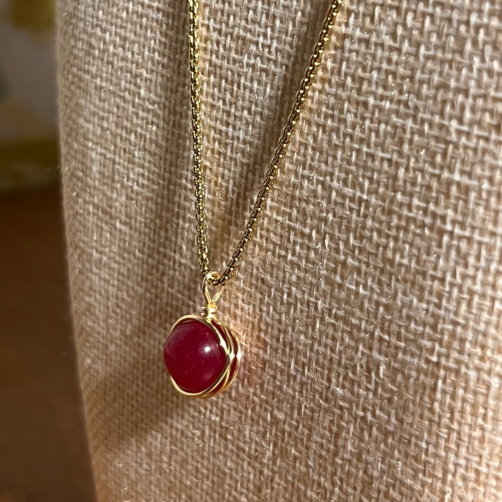 Natural Ruby Pendant Wire Wrapped Gold Necklace O… - image 1